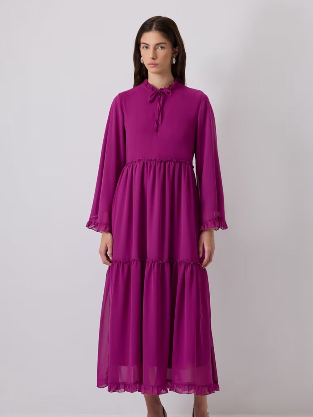 Touche prive Midi Tie-Neck Long Sleeve Dress in Fuchsia